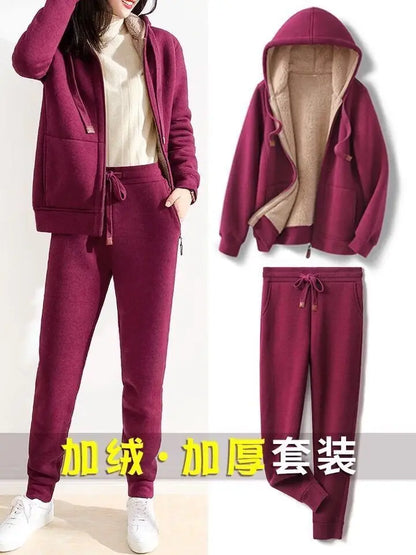 Women's Autumn Winter Plush Thickened Warm Tracksuits Casual Solid Zipper Long Sleeve Hooded Coat And Sweatpants Two Piece Sets