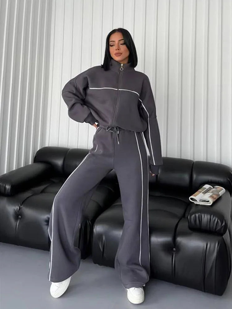 Jacket Women Tracksuit Wide Leg Pants Two Pieces Set Half High Neck Zippers Cardigan Outerwear Drawstring Pockets Matching Set