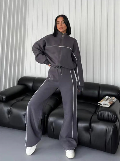 Jacket Women Tracksuit Wide Leg Pants Two Pieces Set Half High Neck Zippers Cardigan Outerwear Drawstring Pockets Matching Set