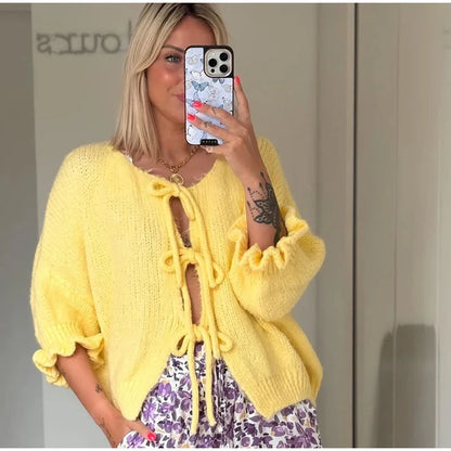 Bow Lace Up Hollow Out Knitted Cardigan  for Women