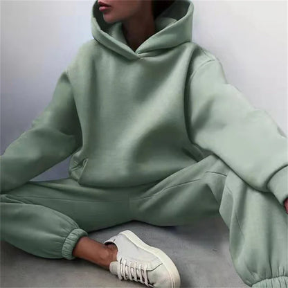 Two-Piece Oversized Tracksuit for Women, Warm Hoodie Sweatshirts, Long Pant Sets, Casual Hoody, Monochromatic, Autumn Fashion