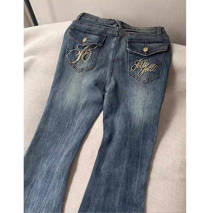 Women's Blue Baggy Flare Jeans Vintage Korean Low Waist Cowboy Pants Harajuku Denim Trousers 90s Aesthetic Y2k Emo 2000s Clothes