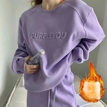 Large Size Velvet Thickened Sports and Leisure Suit Women's Autumn and Winter New Fashion Loose Sweater Trousers Two-piece Set