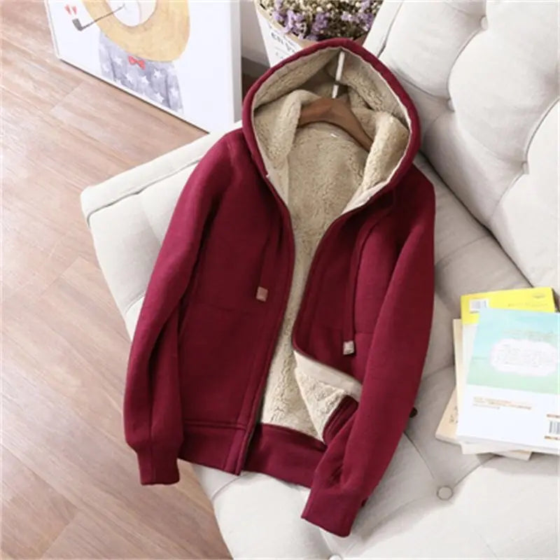 Women's Autumn Winter Plush Thickened Warm Tracksuits Casual Solid Zipper Long Sleeve Hooded Coat And Sweatpants Two Piece Sets