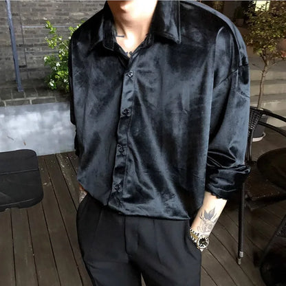 Velvet Shirt Men 2024 Autumn New Vintage Long Sleeve Casual Shirts Fashion Streetwear All-Matching Solid Bottoming Blouses