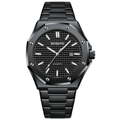 BINBOND Men's Watches Top Fashion Original Quartz Wrstwatch for Man Precision Steel Case Textured Dial Leather Strap Waterproof