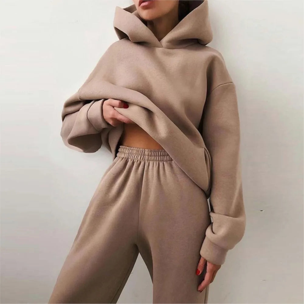 Autumn Winter Casual Thickened Sports Hooded Sweatshirt Trousers Suit Women's Fashion Loose Pocket Female Trousers 2 Pieces Set