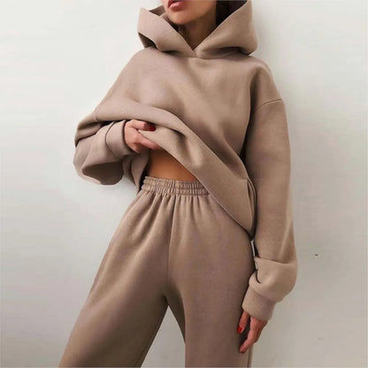 Autumn Winter Casual Thickened Sports Hooded Sweatshirt Trousers Suit Women's Fashion Loose Pocket Female Trousers 2 Pieces Set