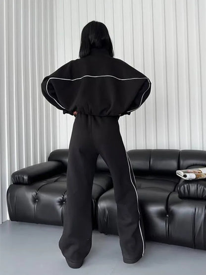 Jacket Women Tracksuit Wide Leg Pants Two Pieces Set Half High Neck Zippers Cardigan Outerwear Drawstring Pockets Matching Set