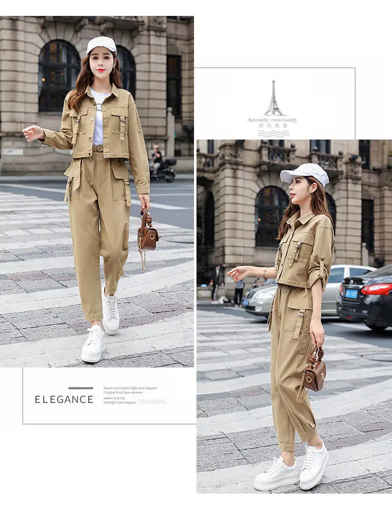 JOEVILU 2PCS Streetwear Tracksuit Cargo Coat Casual Pants 2 Piece Sets Women's Outfits Spring and Autumn Korean Fashion Y2k Suit