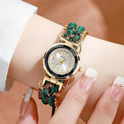 Women's Watch Fashion Rhinestone Braided Rope Bracelet Quartz Watches
