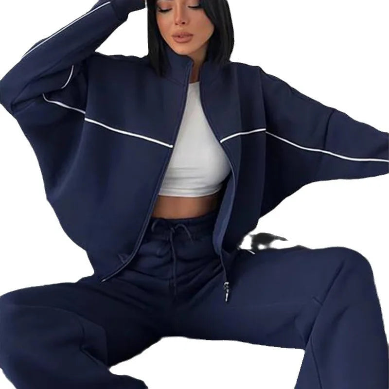 Jacket Women Tracksuit Wide Leg Pants Two Pieces Set Half High Neck Zippers Cardigan Outerwear Drawstring Pockets Matching Set