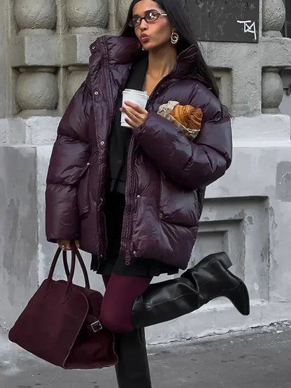 Fashion Burgundy Winter Warm Thicken Zipper Jacket Women Chic Stand Collar Pocket Cotton Coat 2024 Autumn Winter Lady Streetwear