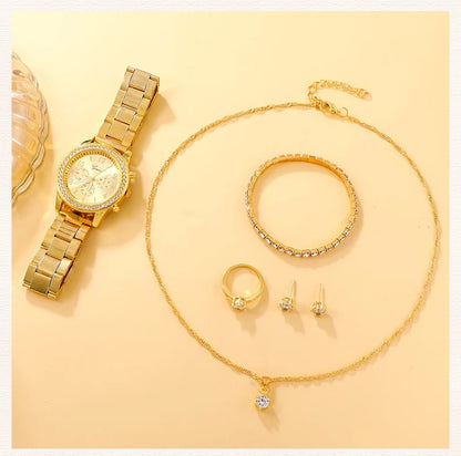 6PCS Set Luxury Watch Women Ring Necklace Earring Rhinestone Fashion Wristwatch Casual Ladies Watches Bracelet Set Clock