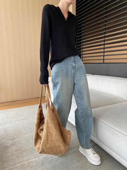 Curved Knife Cut Wide Leg Loose Jeans Look Slimmer 2024 Autumn Denim Pant