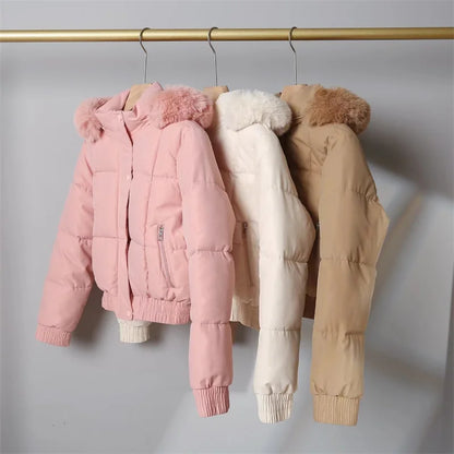 2024 Fashion Winter Short Parkas Women's Cotton-padded Jacket Fleece Liner Hooded Coats Thicken Fur Collar Warm Student Overcoat