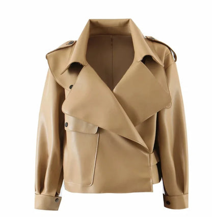 PU Leather Jacket Coat Ladies Basic Soft Short Outwear Punk Clothing Faux Leather Spring Autumn Women Motorcycle Army Green Full
