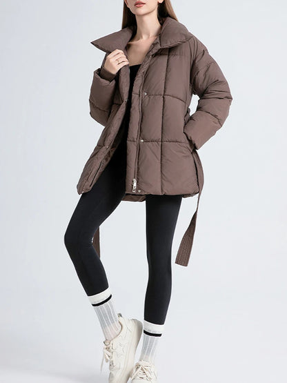 LANMREM Women's Parkas Solid Color Warm Cotton Padded Coat Jacket Belt Gathered Waist Female Fashion Winter Clothing 2DB1775