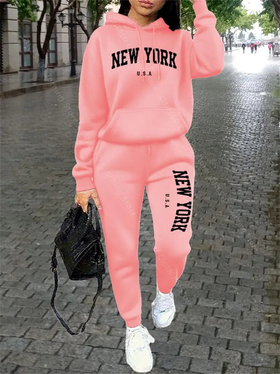 NEW YORK Women Sweatsuit Autumn Winter Two Piece Set Hoodie Pants High quality Loose Fashion Streetwear Ladies Tracksuit Outfits