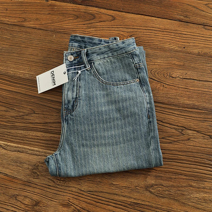 Heavy chunky jeans men vintage do old wash dark vertical texture of loose straight leg denim pants