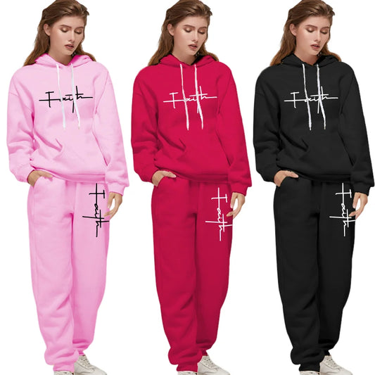 Women's Casual Tracksuit 2pcs Set Hoodie and Sweatpants Faith Printed Sportswear High Quality Ladies Home Outdoor Fashion Outfit