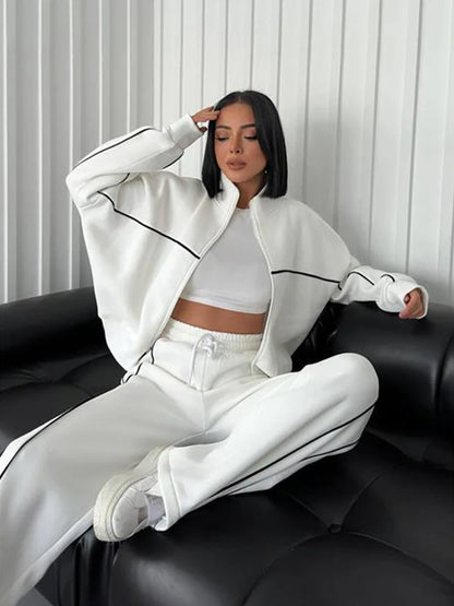 Jacket Women Tracksuit Wide Leg Pants Two Pieces Set Half High Neck Zippers Cardigan Outerwear Drawstring Pockets Matching Set
