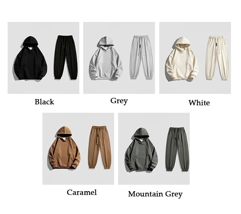 Spring Autumn Men Suit Thickened Warm Windproof Hooded Long Sleeve Trouser Solid Color Casual Sports Two Piece Running Sport Set