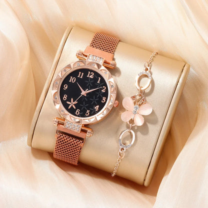 2 PCS New Women's Small Fresh Fashion Digital Rhinestone Star Quartz Watch Luxury Butterfly Jewelry Bracelet Birthday Gift Set