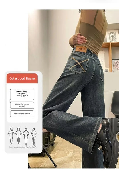 High-waisted Wide-leg Jeans Women's Autumn Winter Petite Fleece-lined Slimming Loose-fit Draped Concrete Grey Straight-leg Pants