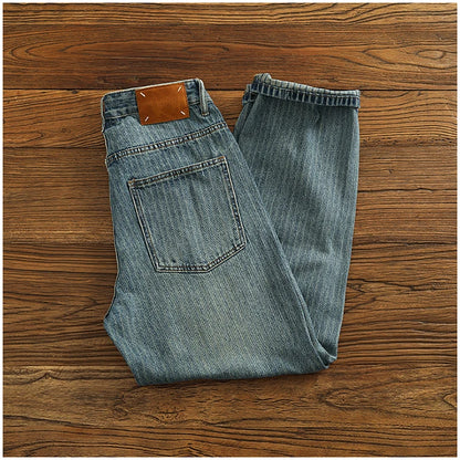 Heavy chunky jeans men vintage do old wash dark vertical texture of loose straight leg denim pants