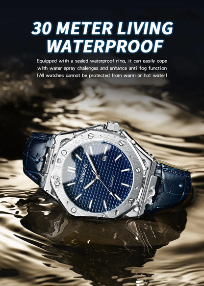 BINBOND Men's Watches Top Fashion Original Quartz Wrstwatch for Man Precision Steel Case Textured Dial Leather Strap Waterproof