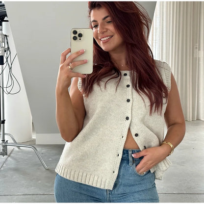 Casual Knitted Single Breasted Vest Women Loose Solid O Neck Sleeveless Female Waistcoat 2024 Autumn Lady All-match Streetwear