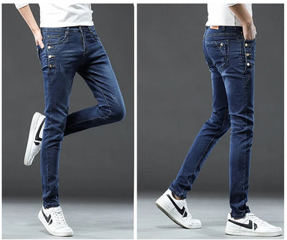 Classic Slim Vintage Fashion Men's Designer Jeans Snowflake Grey Wash Korean Fashion Stretch Pants Multi-button Denim Trousers