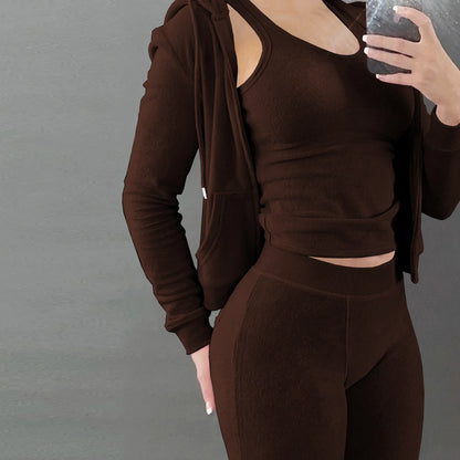 Autumn Winter Double-sided Velvet Vest 3 Piece Set For Woman's Fashion Hooded Sweatshirt Jacket Slim Pocket Trousers Female Suit