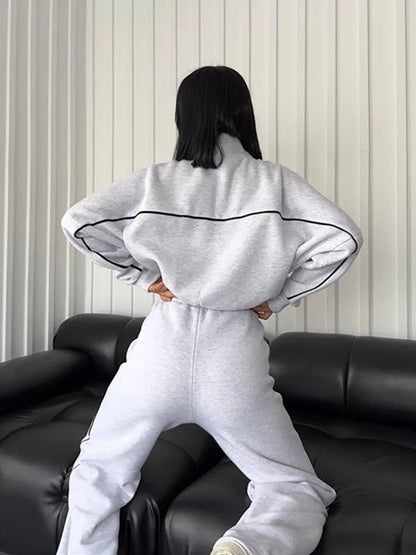 Jacket Women Tracksuit Wide Leg Pants Two Pieces Set Half High Neck Zippers Cardigan Outerwear Drawstring Pockets Matching Set