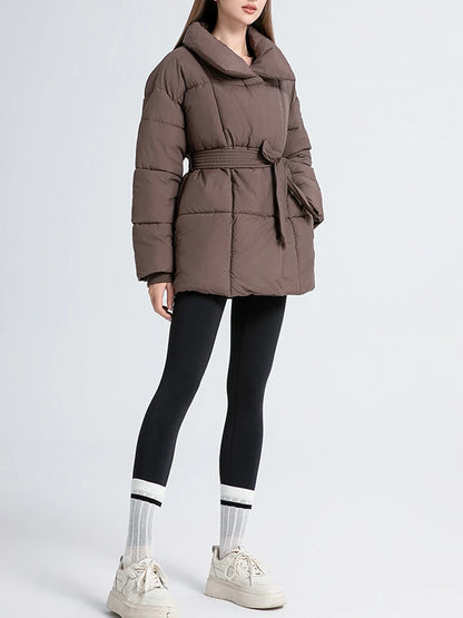 LANMREM Women's Parkas Solid Color Warm Cotton Padded Coat Jacket Belt Gathered Waist Female Fashion Winter Clothing 2DB1775