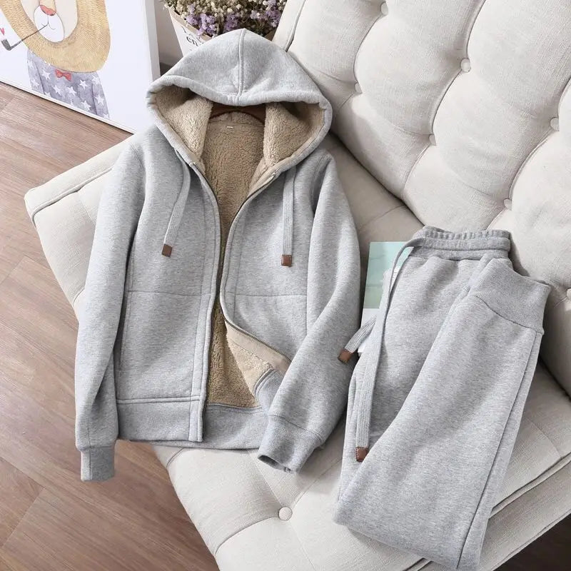 Women's Autumn Winter Plush Thickened Warm Tracksuits Casual Solid Zipper Long Sleeve Hooded Coat And Sweatpants Two Piece Sets