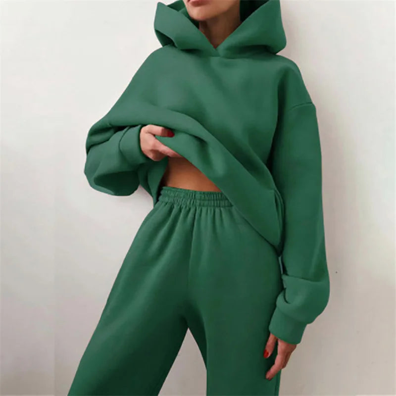 Two-Piece Oversized Tracksuit for Women, Warm Hoodie Sweatshirts, Long Pant Sets, Casual Hoody, Monochromatic, Autumn Fashion