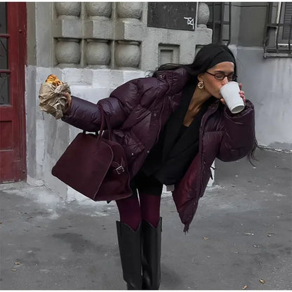 Fashion Burgundy Winter Warm Thicken Zipper Jacket Women Chic Stand Collar Pocket Cotton Coat 2024 Autumn Winter Lady Streetwear