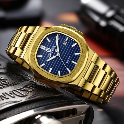 QINGXIYA Brand Fashion Square Dial Quartz Watch for Men Gold Stainless Steel Waterproof Luminous Calendar Luxury Mens Watch