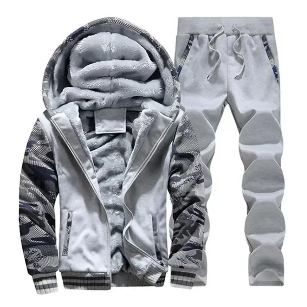 New Fleece Men Set Fashion Brand Tracksuit Lined Thick Sweatshirt + Pants Sportswear Suit Male Winter Warm Hooded Outerwear Suit