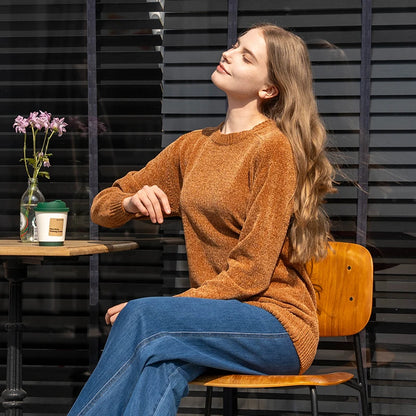 Chenille Sweater for Women O Neck Pullovers Ribbed Cuff Long Sleeve Knitted Tops Women Solid Sweater 2024 Cozy Sweaters Jumpers