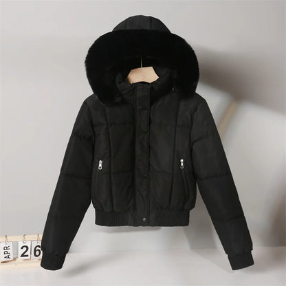 2024 Fashion Winter Short Parkas Women's Cotton-padded Jacket Fleece Liner Hooded Coats Thicken Fur Collar Warm Student Overcoat