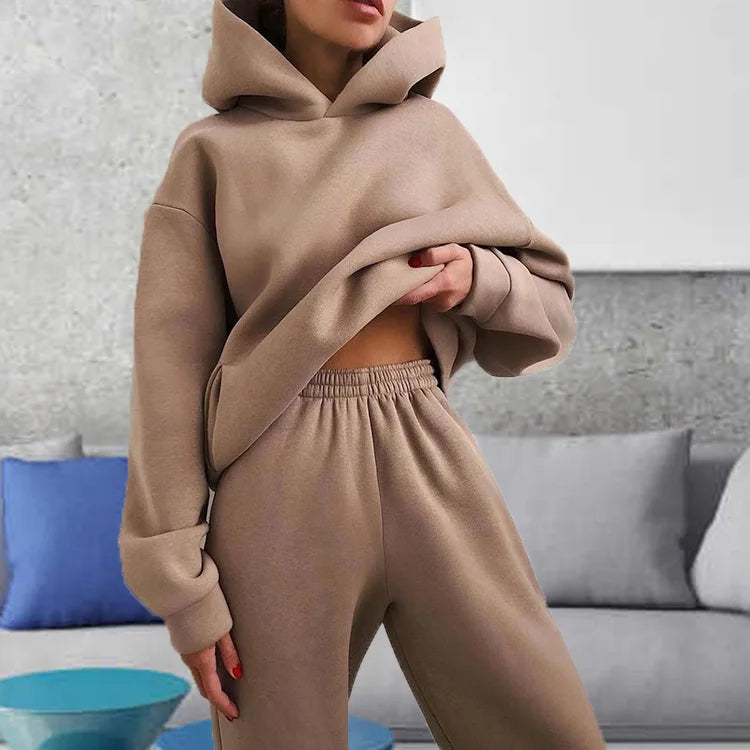 Autumn Winter Casual Thickened Sports Hooded Sweatshirt Trousers Suit Women's Fashion Loose Pocket Female Trousers 2 Pieces Set