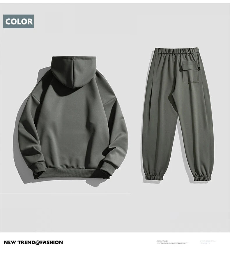 Spring Autumn Men Suit Thickened Warm Windproof Hooded Long Sleeve Trouser Solid Color Casual Sports Two Piece Running Sport Set