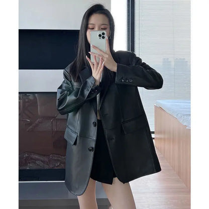 Korean Black Leather Jacket Women Streetwear Loose Formal Leather Blazers Female Fashion Trend Chic Punk Leather Jacket 2023 New