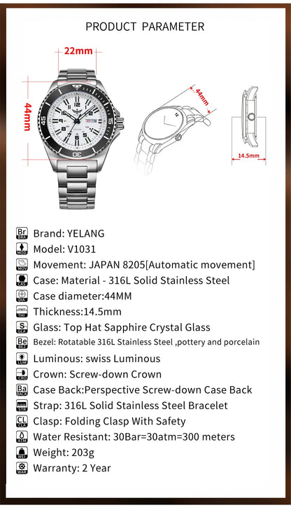Yelang V1031 Luxury Men Brand Watch 44mm Diver Water Watches Japan 8205 Automatic Mechanical movement Luminous 300M Waterproof