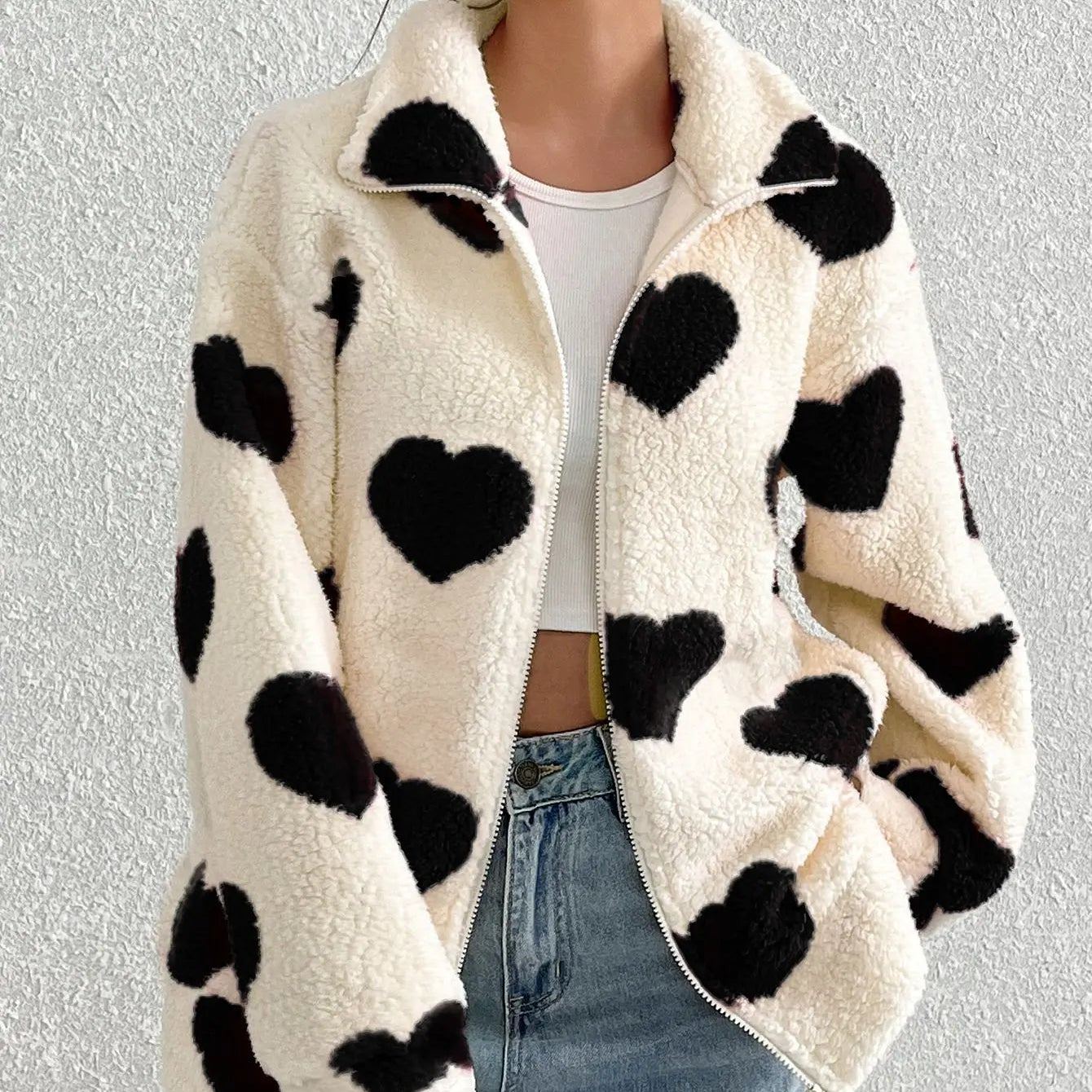 Women’s Fleece Heart-Print Zip Jacket