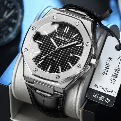 BINBOND Men's Watches Top Fashion Original Quartz Wrstwatch for Man Precision Steel Case Textured Dial Leather Strap Waterproof