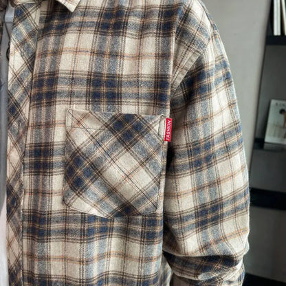 Men's Long Sleeved Checkered Shirt, Korean Slim Fit Jacket, Casual Student Trend Shirt, Lining